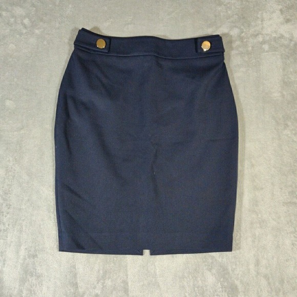 Express Skirt Womens 4 Blue Gold Button Accents Business Casual Pencil Style - Picture 1 of 6